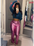 Women's Spring And Winter Metallic Bell Bottom Casual Long Leather Pants