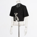Women Casual Short Sleeve T-Shirt Fashion Patchwork Diamond Cropped Top