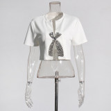 Women Casual Short Sleeve T-Shirt Fashion Patchwork Diamond Cropped Top