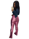 Women's Spring And Winter Metallic Bell Bottom Casual Long Leather Pants