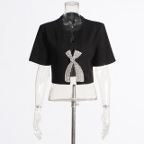 Women Casual Short Sleeve T-Shirt Fashion Patchwork Diamond Cropped Top
