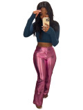 Women's Spring And Winter Metallic Bell Bottom Casual Long Leather Pants