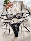 Romantic Heart Embroidered Sexy See-Through Mesh Bra Thong Lingerie Set
