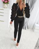 Spring Puff Mesh Patchwork V-Neck Women's Jumpsuit