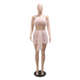 Fashionable Solid Color Halter Crop Top Mini Skirt Two-Piece Set