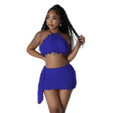 Fashionable Solid Color Halter Crop Top Mini Skirt Two-Piece Set