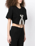 Women Casual Short Sleeve T-Shirt Fashion Patchwork Diamond Cropped Top