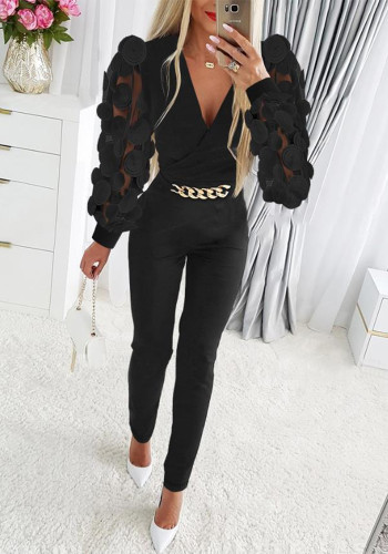 Spring Puff Mesh Patchwork V-Neck Women's Jumpsuit