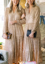 Women Sequin Long Sleeve V-Neck Formal Party Dress