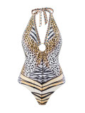 Women Bikini Leopard Print Strappy Halter Neck Backless Mesh Skirt Swimwear