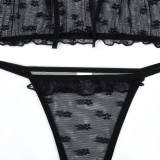 Women Ruffle Edge See-Through Bow Off Shoulder Sexy Lingerie Set