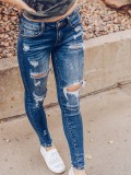 Women Ripped Washed Denim Tight Pants