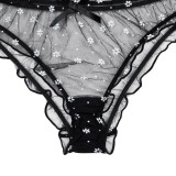 Women Ruffle Edge See-Through Bow Off Shoulder Half-Sleeve Sexy Lingerie Two-piece Set