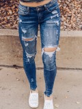 Women Ripped Washed Denim Tight Pants