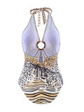 Women Bikini Leopard Print Strappy Halter Neck Backless Mesh Skirt Swimwear