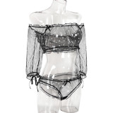 Women Ruffle Edge See-Through Bow Off Shoulder Half-Sleeve Sexy Lingerie Two-piece Set