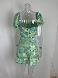 Women Sexy Printed Puff Sleeve Top and Skirt Casual Two-piece Set