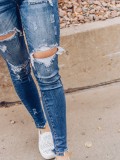 Women Ripped Washed Denim Tight Pants