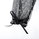 Women Ruffle Edge See-Through Bow Off Shoulder Half-Sleeve Sexy Lingerie Two-piece Set