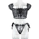 Women Ruffle Edge See-Through Bow Off Shoulder Sexy Lingerie Set