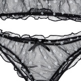 Women Ruffle Edge See-Through Bow Off Shoulder Half-Sleeve Sexy Lingerie Two-piece Set