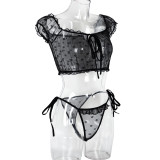 Women Ruffle Edge See-Through Bow Off Shoulder Sexy Lingerie Set