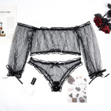 Women Ruffle Edge See-Through Bow Off Shoulder Half-Sleeve Sexy Lingerie Two-piece Set