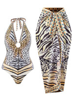 Women Bikini Leopard Print Strappy Halter Neck Backless Mesh Skirt Swimwear