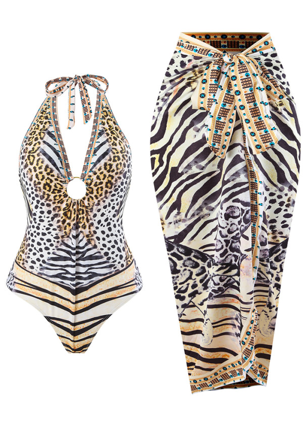 Women Bikini Leopard Print Strappy Halter Neck Backless Mesh Skirt Swimwear