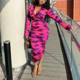 Women's Spring And Summer Printed Fashion Casual Pleated Long Sleeve Slim Chic Long Dress