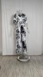Summer Women's Fashionable And Elegant Print Bat Sleeves Slim Waist V-Neck Jumpsuit