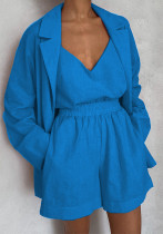 Spring Women's Chic Solid Color Vest Shorts Blazer Three Piece Spring Women's Chic Solid Color Vest Shorts Blazer Three Piece