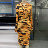 Women's Spring And Summer Printed Fashion Casual Pleated Long Sleeve Slim Chic Long Dress