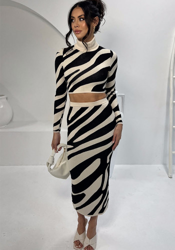 Women's Spring Chic High Neck Short Crop Top Striped Slim Bodycon Skirt Knitting Set