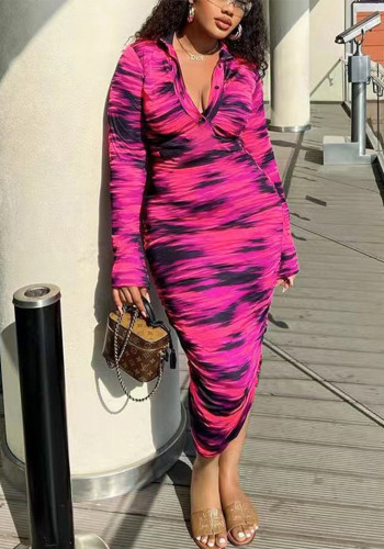 Women's Spring And Summer Printed Fashion Casual Pleated Long Sleeve Slim Chic Long Dress