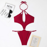 One-Piece Hollow Sexy Pearl Chain Halter Neck Triangle Sexy Swimsuit For Women
