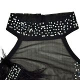 Fashion Women's Solid Color Mesh Beaded Feather Club Dress
