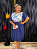 African Women's Printed Mother Of The Bride Dress Plus Size Pleated Dress With Belt