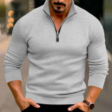 Spring And Winter Men's Casual Solid Color Long-Sleeved Zip Stand Collar T-Shirt Tops For Men