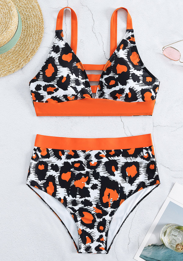 Plus Size Digital Print High Waist Two Pieces Bikini Swimsuit