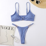 Summer Sexy Two Pieces Women's Ribbed Solid Color Bikini Swimsuit
