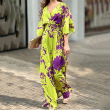 Summer Women's Fashionable And Elegant Print Bat Sleeves Slim Waist V-Neck Jumpsuit