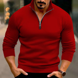 Spring And Winter Men's Casual Solid Color Long-Sleeved Zip Stand Collar T-Shirt Tops For Men