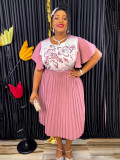 African Women's Printed Mother Of The Bride Dress Plus Size Pleated Dress With Belt