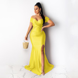 Women Short Sleeve French Sexy V-Neck Evening Dress solid Split Long Dress
