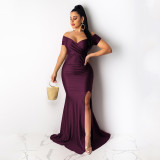 Women Short Sleeve French Sexy V-Neck Evening Dress solid Split Long Dress
