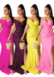Women Short Sleeve French Sexy V-Neck Evening Dress solid Split Long Dress