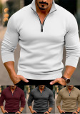 Spring And Winter Men's Casual Solid Color Long-Sleeved Zip Stand Collar T-Shirt Tops For Men