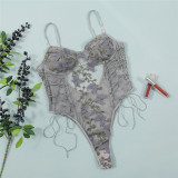 Sexy Lingerie Erotic Women's Straps One-Piece Embroidered Mesh See-Through Bodysuit