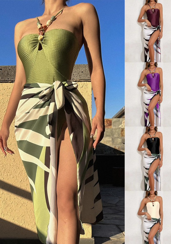 Women's Straps One-Piece Swimsuit Long Skirt Two-Piece Beachwear